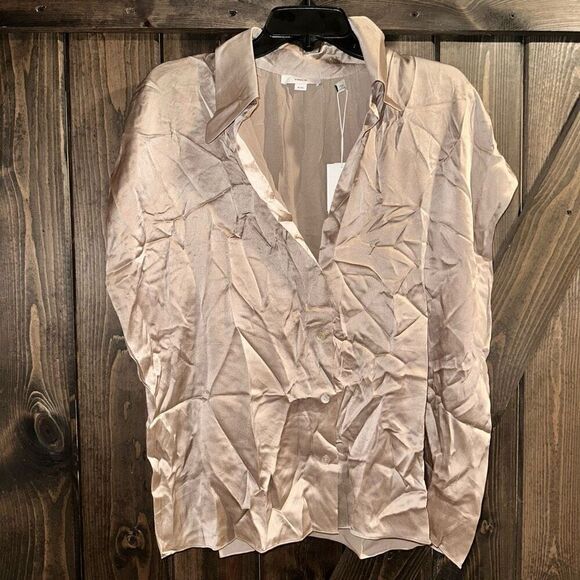 NWT  VINCE XL SILK BLOUSE BUTTON UP CAP SLEEVE COLLAR RUCHED- BACK - Picture 3 of 6